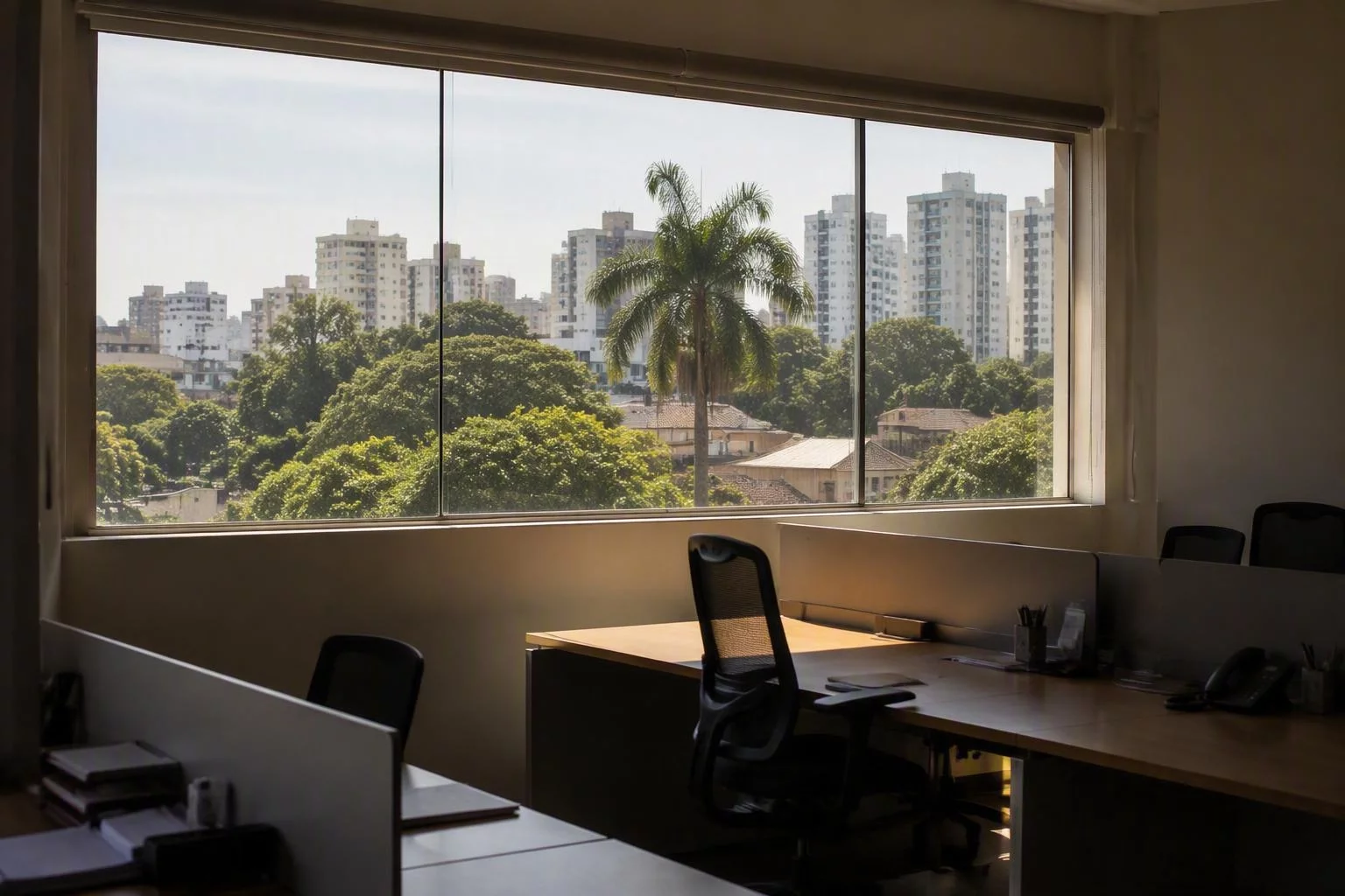 Janela de escritório com persiana aberta sobre mesas de trabalho