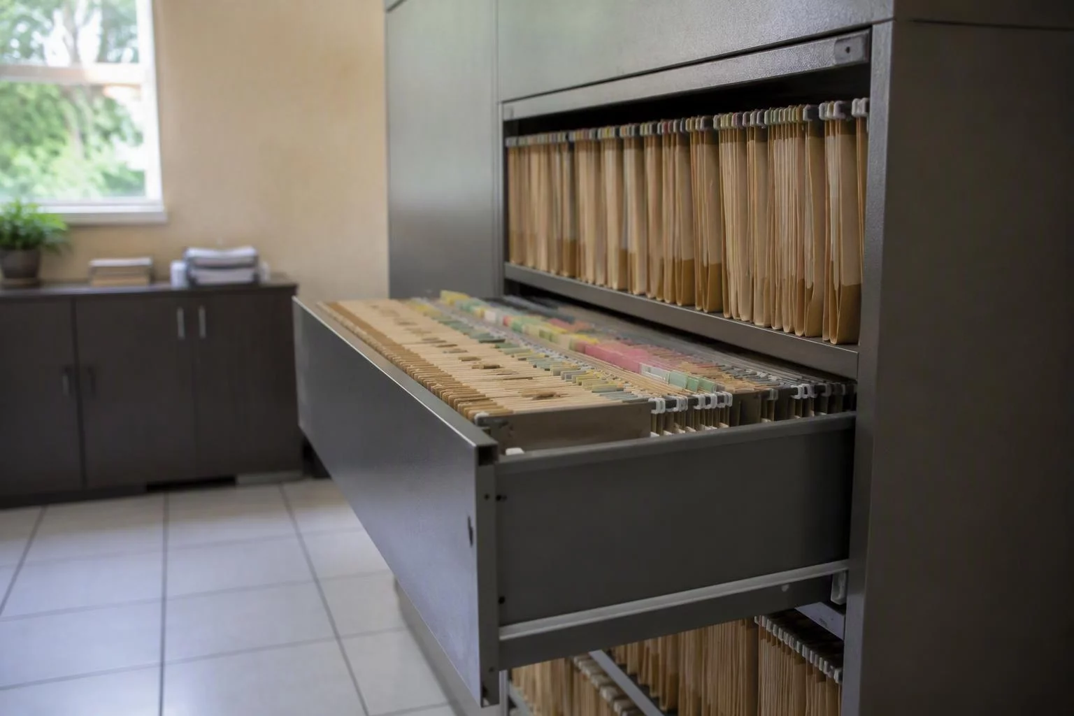 Armário de pastas de processos com etiquetas por setor