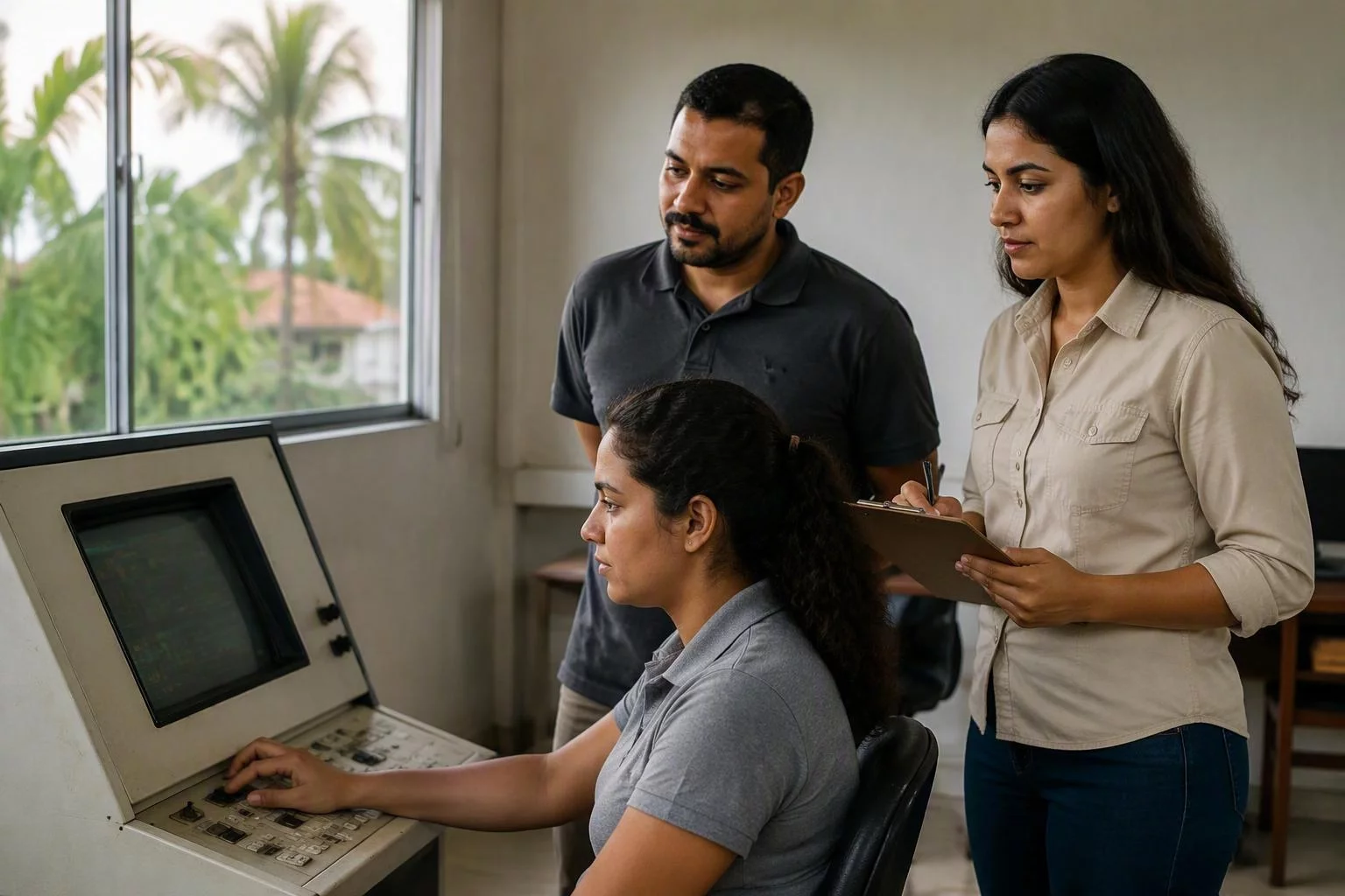 Duas pessoas acompanhando uma operadora usar o painel antigo